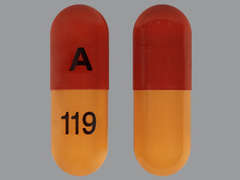 This is a orange oblong Capsule imprinted with A on the front, 119 on the back, and is manufactured by ALEMBIC PHARMAC.