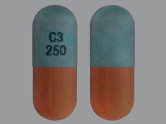 This is a Capsule imprinted with C3  250 on the front, nothing on the back.