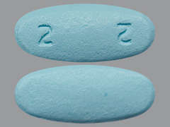 Esto es un Tableta azul oblongo imprimido con 2 2 en la parte delantera, nada en la parte posterior, y es fabricado por THERACOSBIO, LL.