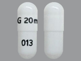 This is a Capsule Er Biphasic 50-50 imprinted with G 20mg on the front, 013 on the back.