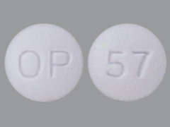 This is a white round Tablet imprinted with logo on the front, 57 on the back, and is manufactured by TEVA PHARM.