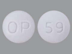 This is a white round Tablet imprinted with logo on the front, 59 on the back, and is manufactured by TEVA PHARM.