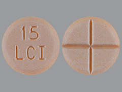 This is a peach round Tablet imprinted with 15  LCI on the front, nothing on the back, and is manufactured by LANNETT CO. INC.