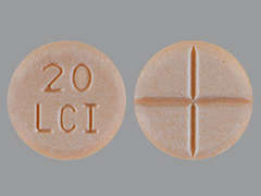 This is a peach round Tablet imprinted with 20  LCI on the front, nothing on the back, and is manufactured by LANNETT CO. INC.