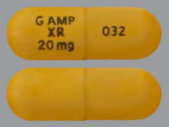 This is a gold oblong Capsule Er 24 Hr imprinted with G AMP XR 20 mg on the front, 032 on the back, and is manufactured by GRANULES PHARMA.