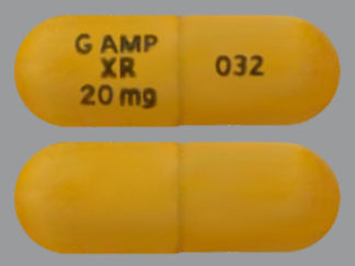 This is a Capsule Er 24 Hr imprinted with G AMP XR 20 mg on the front, 032 on the back.