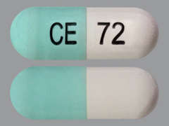 This is a light green oblong Capsule imprinted with CE on the front, 72 on the back, and is manufactured by CHARTWELL RX LL.