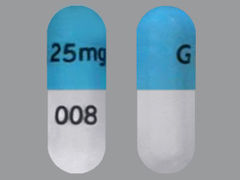 This is a Capsule Er Biphasic 50-50 imprinted with G 25mg on the front, 008 on the back.