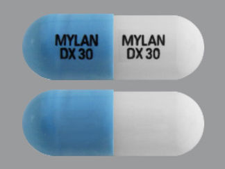 Esto es un Cápsula Dr Bifásico imprimido con MYLAN  DX 30 en la parte delantera, MYLAN  DX 30 en la parte posterior, y es fabricado por None.