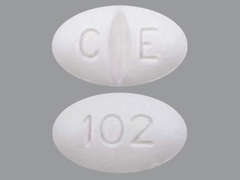 This is a white oval Tablet imprinted with C E on the front, 102 on the back, and is manufactured by CHARTWELL RX LL.