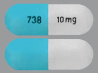 Esto es un Cápsula imprimido con 738 en la parte delantera, 10 mg en la parte posterior, y es fabricado por None.