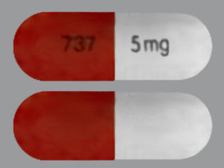 This is a Capsule imprinted with 737 on the front, 5 mg on the back.