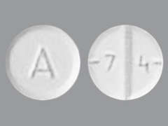 This is a white round Tablet imprinted with A on the front, 7 4 on the back, and is manufactured by ALVOGEN INC.