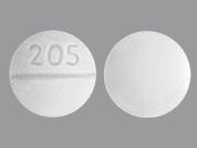 Hydrocodone/Homatropine: Esto es un Tableta imprimido con 205 en la parte delantera, nada en la parte posterior, y es fabricado por None.