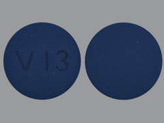 This is a blue round Tablet Er 24 Hr imprinted with V13 on the front, nothing on the back, and is manufactured by WESTMINSTER PHA.