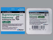 Buprenorphine-Naloxone: This is a orange rectangular Film Medicated imprinted with B2/N on the front, nothing on the back, and is manufactured by MYLAN.
