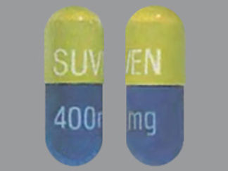 This is a Capsule imprinted with SUVEN on the front, 400 mg on the back.