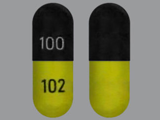 This is a Capsule imprinted with 100 on the front, 102 on the back.