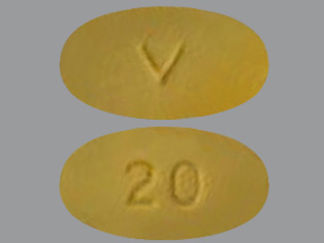 This is a Tablet imprinted with V on the front, 20 on the back.