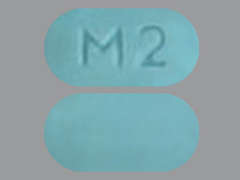 Esto es un Tableta azul claro oblongo imprimido con M2 en la parte delantera, nada en la parte posterior, y es fabricado por LEADING PHARMA.