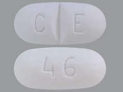 Esto es un Tableta blanco oblongo imprimido con C E en la parte delantera, 46 en la parte posterior, y es fabricado por CHARTWELL RX LL.