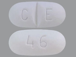 This is a Tablet imprinted with C E on the front, 46 on the back.