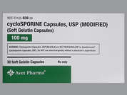 Cyclosporine: Esto es un Cápsula azul grisáceo oblongo imprimido con S100 en la parte delantera, nada en la parte posterior, y es fabricado por AVET PHARMACEUT.