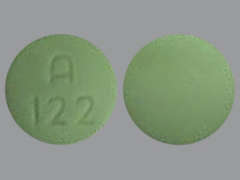 Esto es un Tableta LP verde redondo imprimido con A 122 en la parte delantera, nada en la parte posterior, y es fabricado por SLATE RUN PHARM.