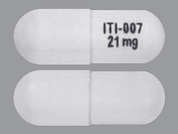 Caplyta: Esto es un Cápsula blanco oblongo imprimido con ITI-007  21 mg en la parte delantera, nada en la parte posterior, y es fabricado por INTRA-CELLULAR.