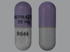 This is a purple oblong Capsule Dr imprinted with OMEPRAZOLE  20 mg on the front, R644 on the back, and is manufactured by QUALLENT PHARMA.