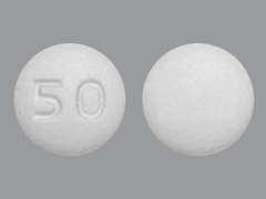 This is a white round Tablet imprinted with 50 on the front, nothing on the back, and is manufactured by RISING PHARM.