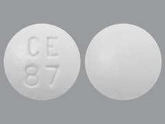 This is a white round Tablet imprinted with CE  87 on the front, nothing on the back, and is manufactured by CHARTWELL RX LL.