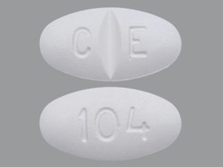This is a Tablet imprinted with C E on the front, 104 on the back.
