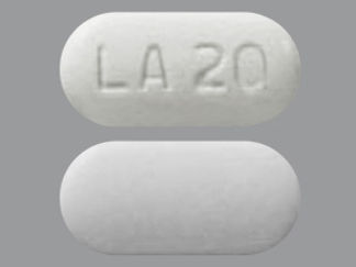 Esto es un Tableta LP 24 Hr imprimido con LA 20 en la parte delantera, nada en la parte posterior, y es fabricado por None.