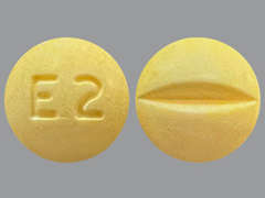 This is a yellow round Tablet imprinted with E 2 on the front, nothing on the back, and is manufactured by ELITE LABORATOR.
