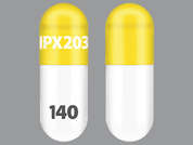 Crexont: This is a yellow oblong Capsule Immediate Extend Release Biphase imprinted with IPX203 on the front, 140 on the back, and is manufactured by AMNEAL PHARMACE.