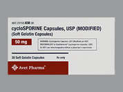 Cyclosporine: This is a white oblong Capsule imprinted with S 50 on the front, nothing on the back, and is manufactured by AVET PHARMACEUT.