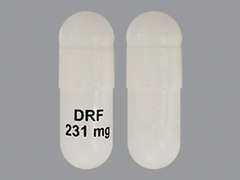 This is a white oblong Capsule Dr imprinted with DRF  231 mg on the front, nothing on the back, and is manufactured by BIOGEN-IDEC.