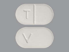 This is a white oblong Tablet Er 12 Hr imprinted with T on the front, V on the back, and is manufactured by CAMBER PHARMACE.