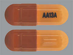 This is a peach oblong Capsule imprinted with AA13A on the front, nothing on the back, and is manufactured by AMNEAL PHARMACE.