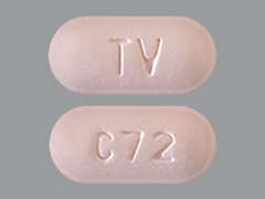 Esto es un Tableta rosa claro oblongo imprimido con TV en la parte delantera, C72 en la parte posterior, y es fabricado por TEVA USA.