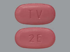 This is a pink oval Tablet imprinted with TV on the front, 2E on the back, and is manufactured by TEVA USA.