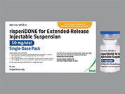 Risperidone Er: Esto es un Vial blanco imprimido con nada en la parte delantera, nada en la parte posterior, y es fabricado por TEVA USA.