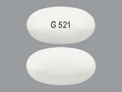 This is a white oval Tablet Er Gastric Retention 24 Hr imprinted with G521 on the front, nothing on the back, and is manufactured by GLENMARK PHARMA.