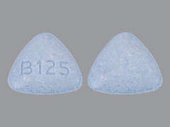 This is a light blue triangular Tablet imprinted with B125 on the front, nothing on the back, and is manufactured by APNAR PHARMA, L.