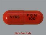 Lyrica: Esto es un Cápsula naranja oblongo imprimido con VTRS en la parte delantera, PGN  100 en la parte posterior, y es fabricado por VIATRIS SPECIAL.