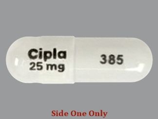 Esto es un Cápsula imprimido con Cipla 25 mg en la parte delantera, 385 en la parte posterior, y es fabricado por None.