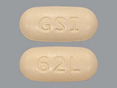 Esto es un Tableta beige oblongo imprimido con GSI en la parte delantera, 62L en la parte posterior, y es fabricado por GILEAD SCIENCES.