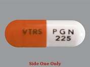 Lyrica: Esto es un Cápsula naranja claro oblongo imprimido con VTRS en la parte delantera, P G N  225 en la parte posterior, y es fabricado por VIATRIS SPECIAL.