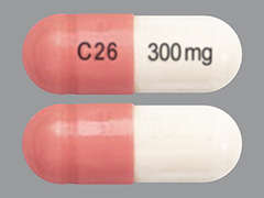 Esto es un Cápsula rosado oblongo imprimido con C26 en la parte delantera, 300 mg en la parte posterior, y es fabricado por LAURUS LABS LIM.